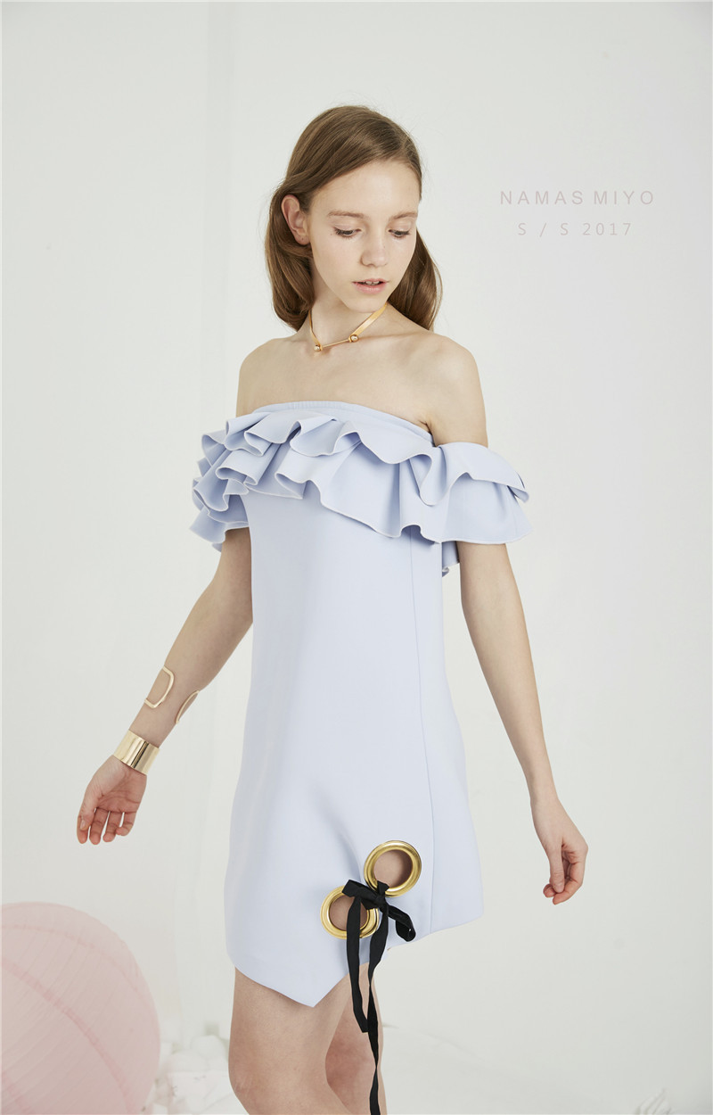 namas miyo/namas miyo女士连衣裙南无原创小众设计一字领无袖荷叶边