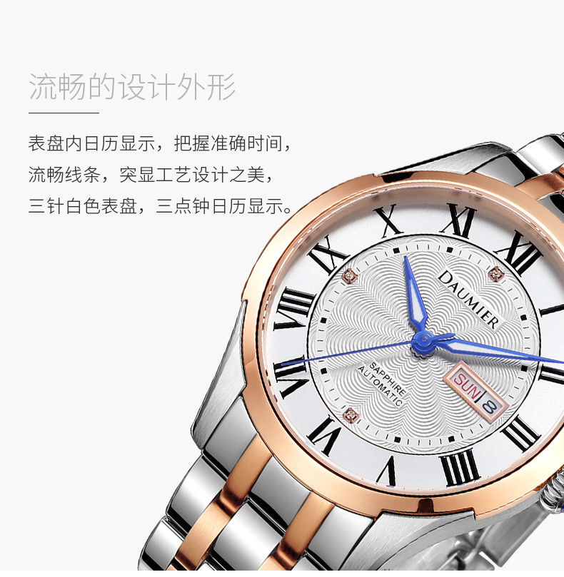 daumier/丹玛瑞士手表 丹拿比系列自动机械男腕表dm8601 白面钢间玫瑰