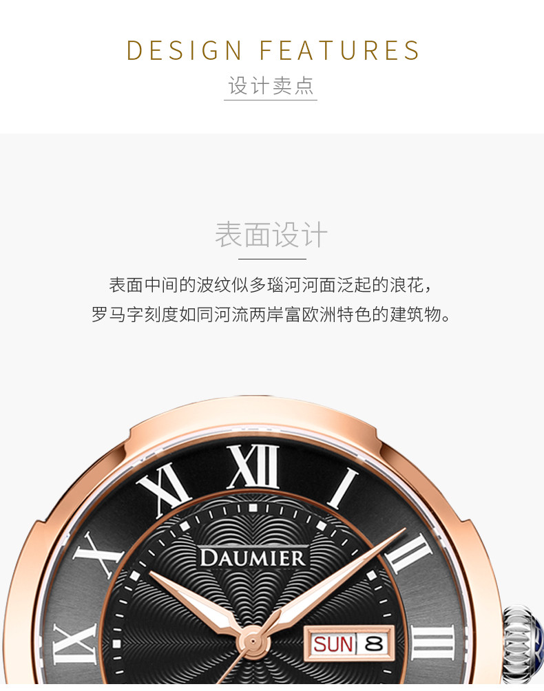 daumier/丹玛瑞士手表 丹拿比系列自动机械男腕表dm8601 深灰面啡皮带