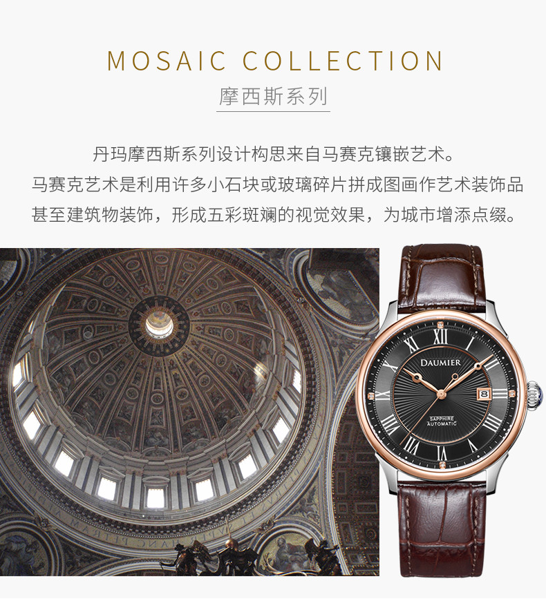 daumier/丹玛瑞士手表 摩西斯系列自动机械钻石男腕表dm8607 深灰面啡