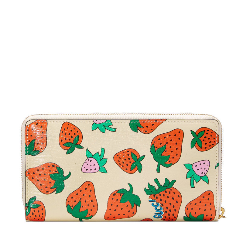 gucci/古驰19春夏新款zumi女士象牙色小牛皮互扣式g马衔扣印花草莓