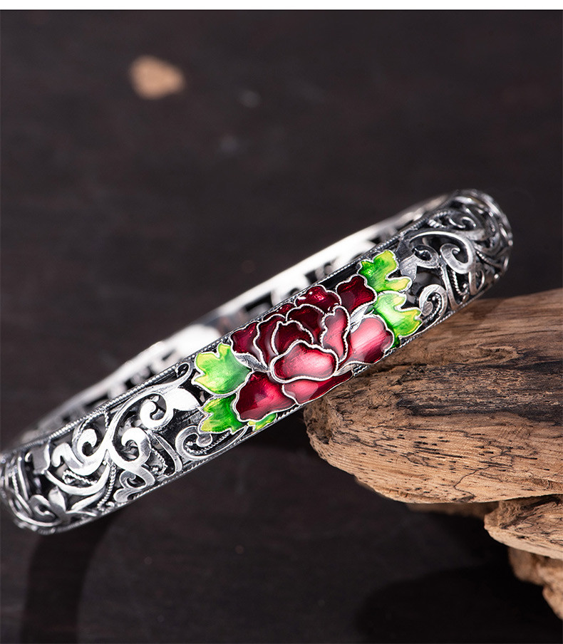 chengcentennial/百年宝诚低温珐琅彩银手镯足银女式款景泰蓝镂空古风