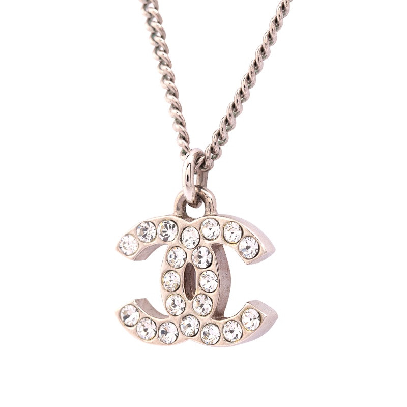 chanel/香奈儿 双c标志水钻项链(黄铜) 银色 【b级已使用】