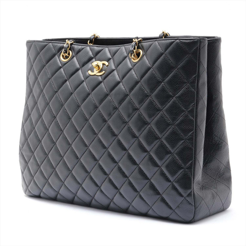 chanel/香奈儿 matelasse系列金扣链条托特包(鱼子酱皮) 黑色 【ab级