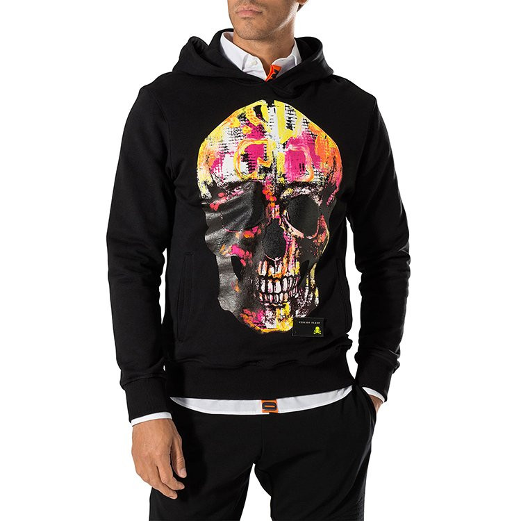 philippplein/菲利普·普兰 男士花色骷髅头图案黑色纯棉帽衫男卫衣