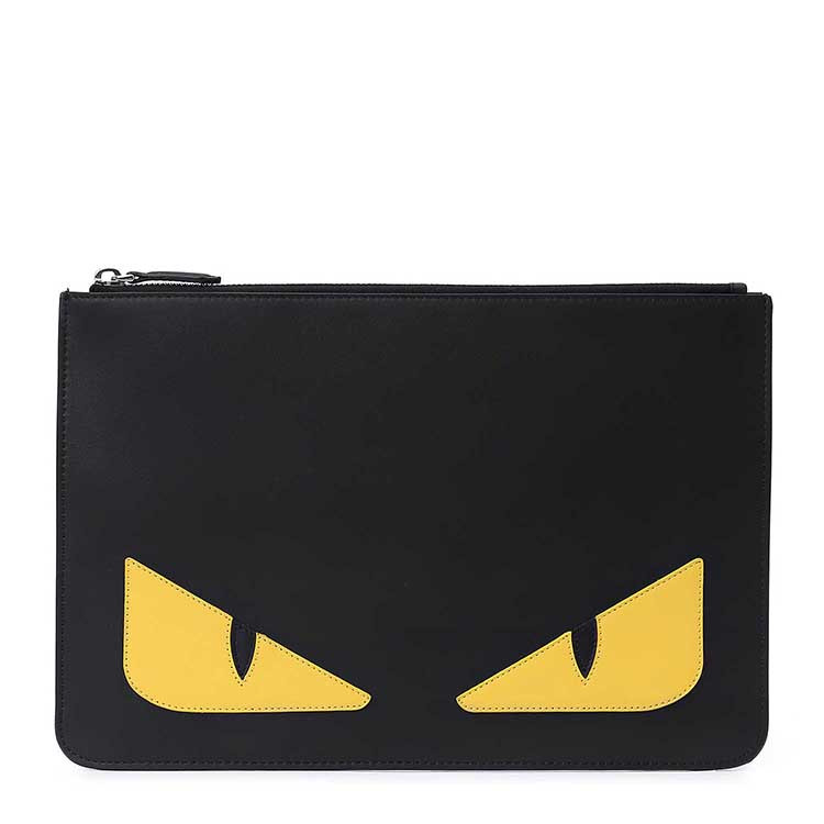 fendi/芬迪黑色牛皮革材质小怪兽眼睛装饰男士手拿包 pvc