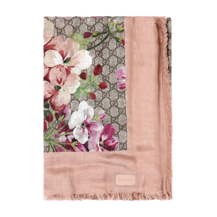 gucci古驰花色混合材质经典双glogo天竺葵印花女士围巾