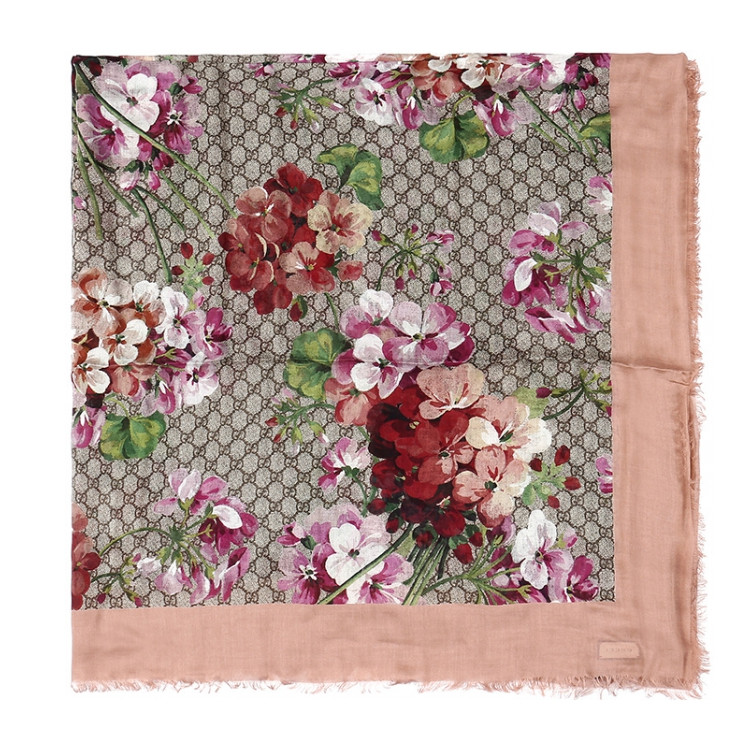 gucci古驰花色混合材质经典双glogo天竺葵印花女士围巾