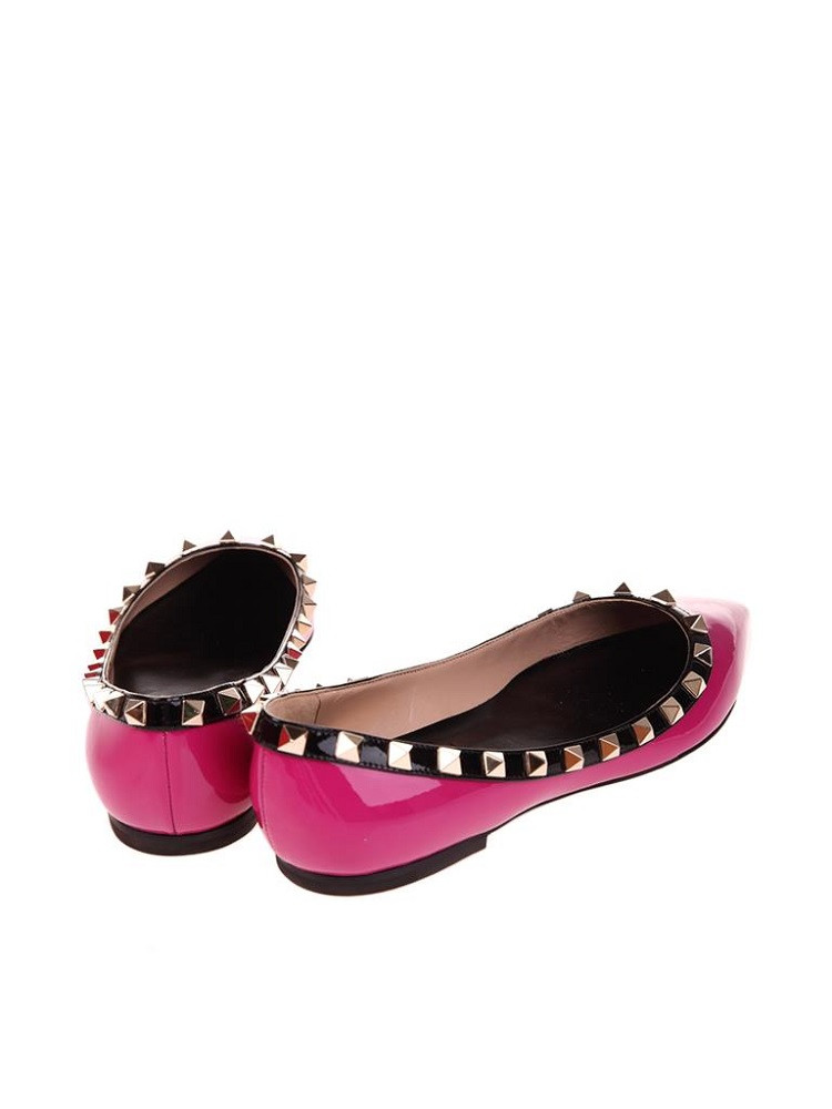 【Valentino华伦天奴 平跟鞋】Valentino/华伦天奴 ROCKSTUD系列玫红色牛漆皮材质经典铆钉装饰女士平跟鞋尖头平底单鞋 ...