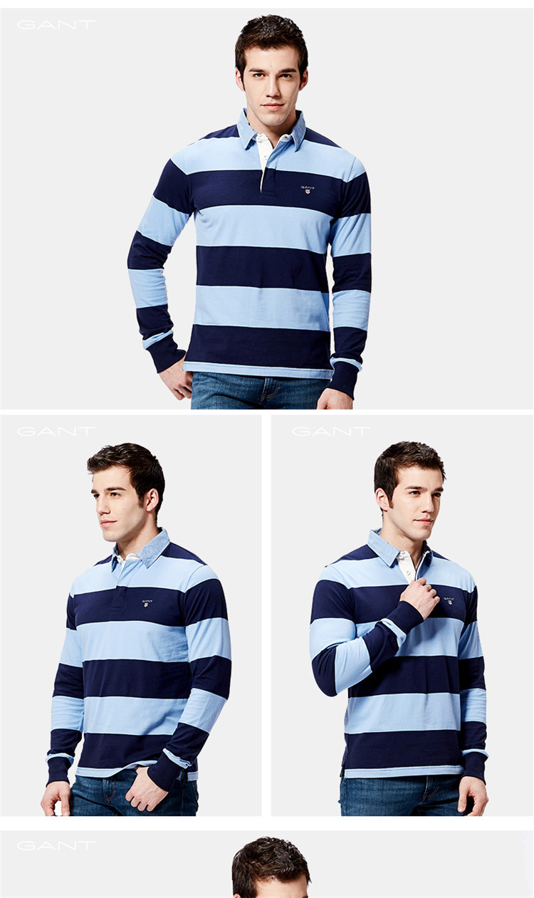 gant/甘特 男士长polo 条纹撞色polo衫棉质长袖t恤 235501