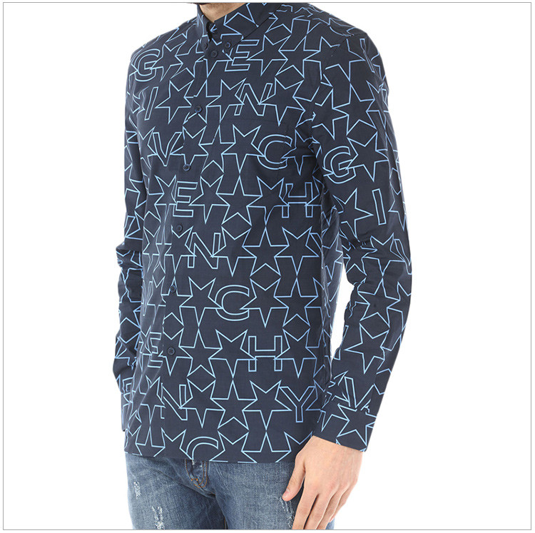 givenchy/纪梵希 男士蓝色纯棉印花男士长袖衬衫
