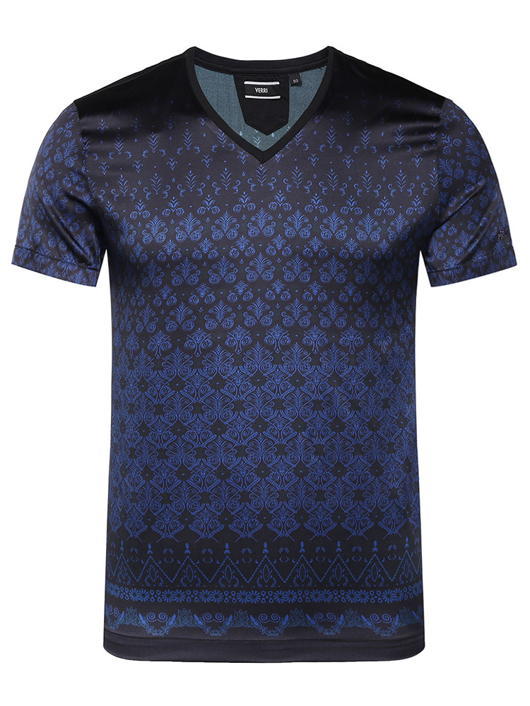 verri/verri 男士蓝色满版印花光感面料v领短袖t恤-男士短袖t恤