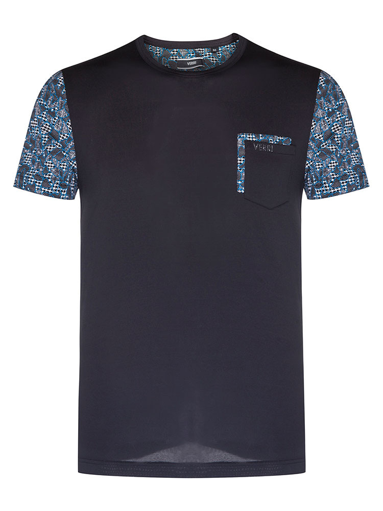 verri/verri 男士印花拼接黑色圆领短袖t恤-男士短袖t恤