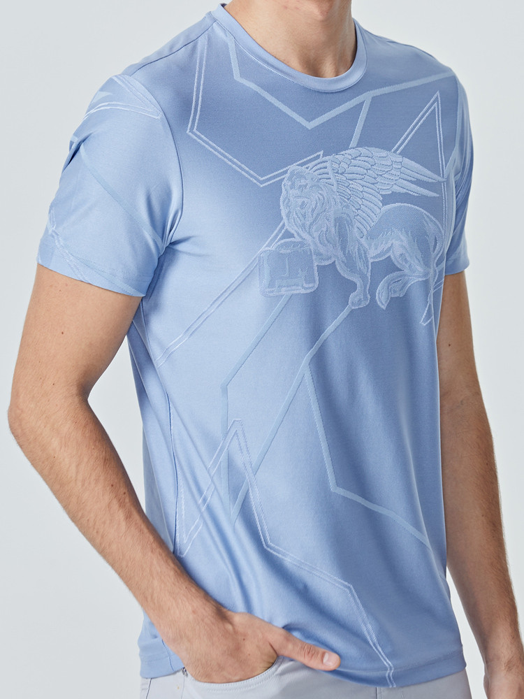 verri 飞狮图案,提花低调简洁,图案层次分明的蓝色圆领短袖t恤-男士