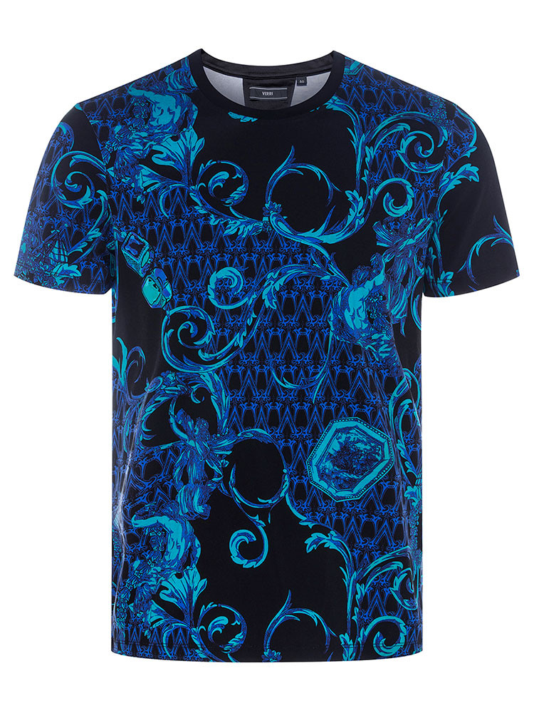 verri/verri 男士黑色满版卷草纹印花圆领t恤-男士短袖t恤