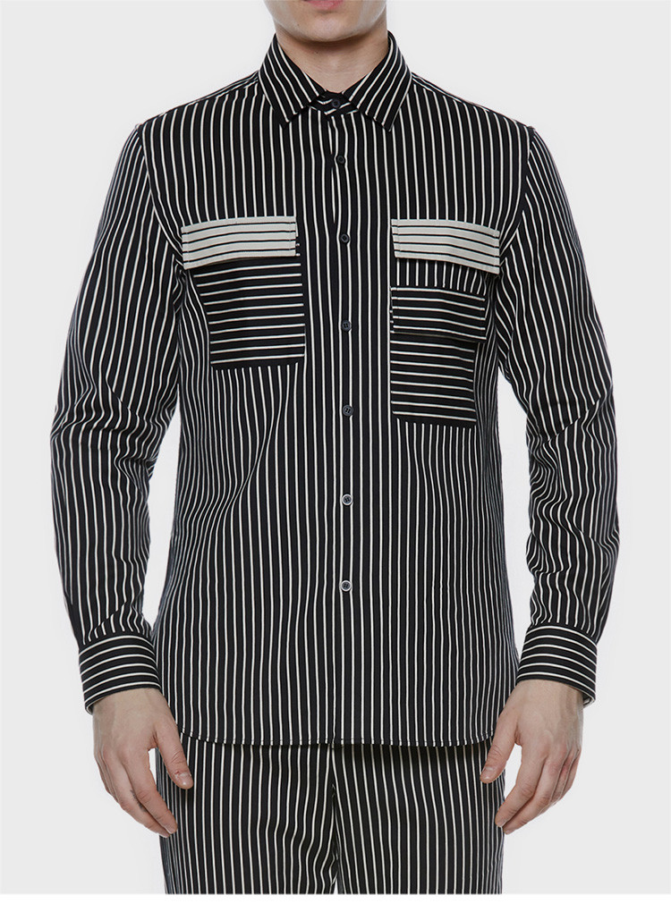 bysean/seanbysean男士衬衫男士长袖衬衫春夏定制黑白细条纹男式衬衫