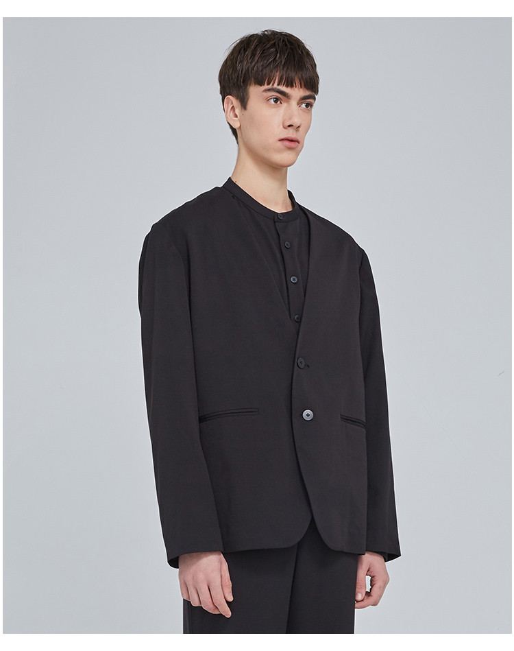 menwear】seeingman/seeingman男士西服2018年春季新款黑色无领西装
