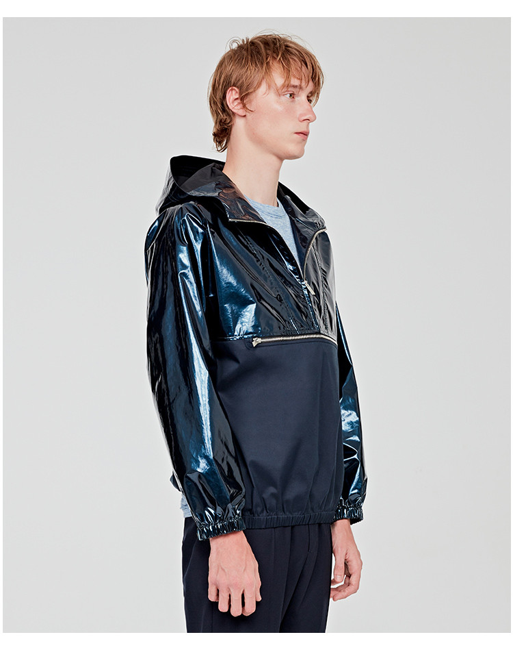 menwear】seanbysean/seanbysean男士皮衣春季新款蓝色连帽漆皮外套