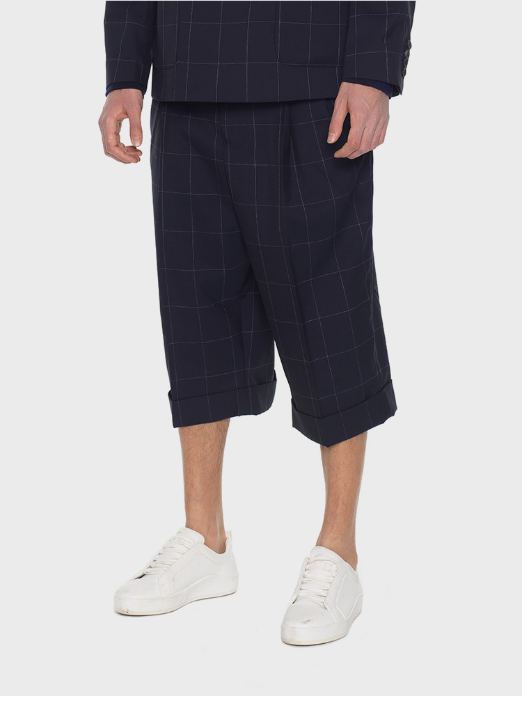 menwear】arcatelier/arcatelier男士休闲裤格纹纯羊毛单褶宽松短西裤