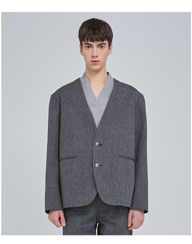 【designermenwear】seeingman/seeingman男士西服春季新款浅灰色无领