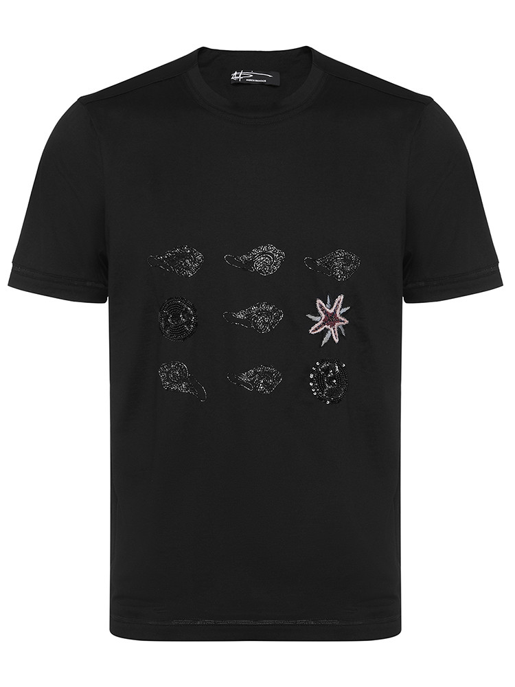 andrew mackenzie/安德鲁·麦肯锡 男士春夏黑色圆领短袖t恤/手工钉珠