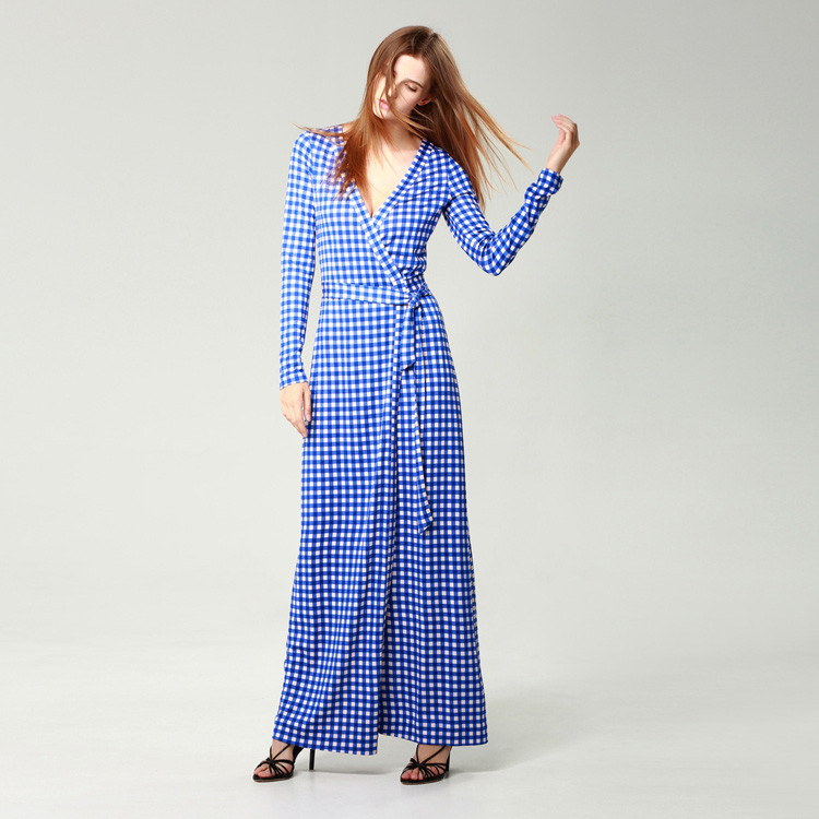 diane von furstenberg/dvf蓝格子印花连衣裙女士连衣裙