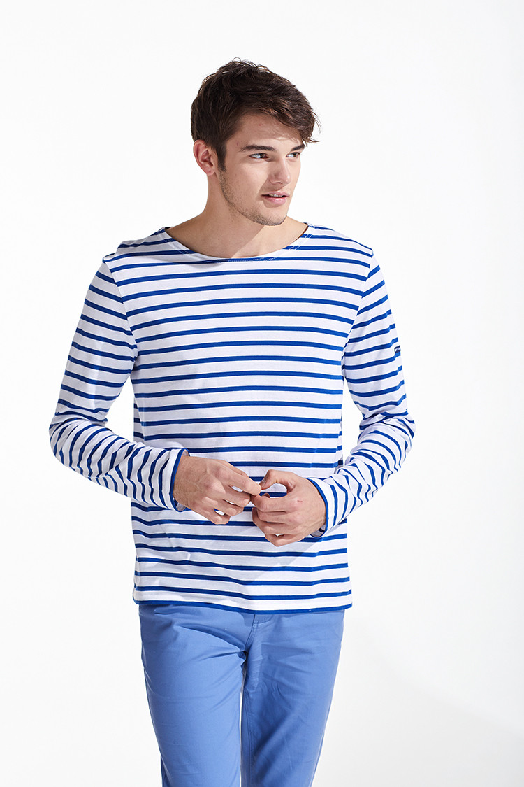 品牌:saint james/圣杰姆 圆领女士长袖t恤 男女同款 全白底海军蓝条