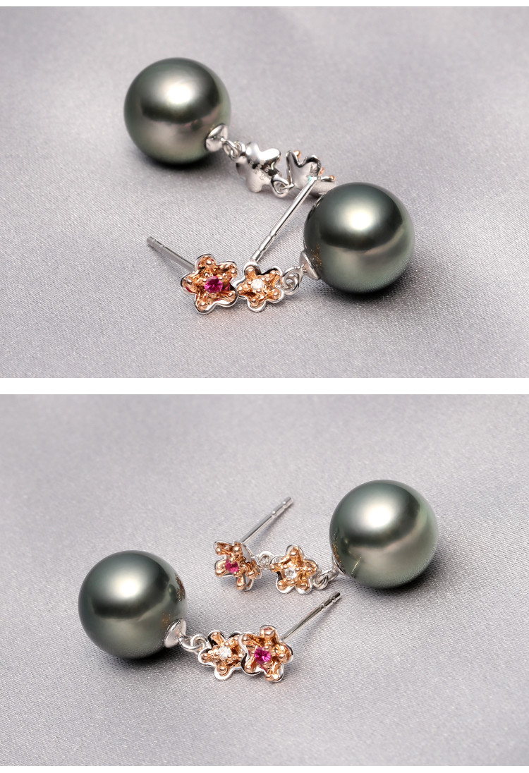 ruans/阮仕鸢尾18k金镶钻石大溪地黑珍珠耳钉