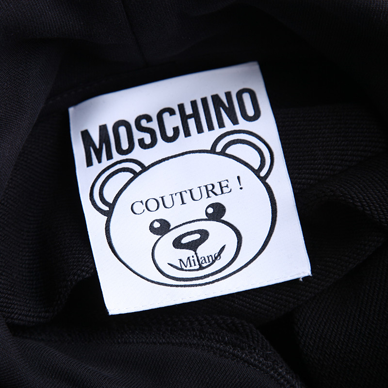 moschino/莫斯奇诺 18秋冬 黑色带兜贴钻小熊连帽长款卫衣裙女士