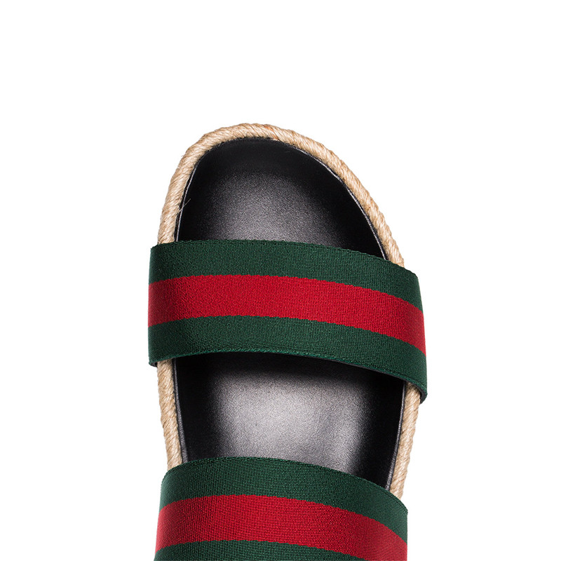 gucci/古驰 黑色红绿条纹草编底平底露趾男士凉鞋