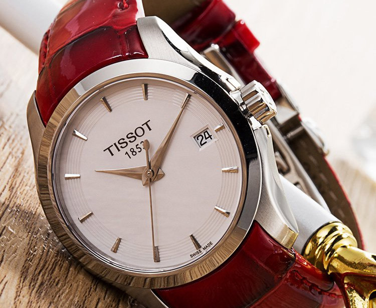tissot/天梭瑞士手表 库图系列石英女表 白盘红皮带 t035.210.16.011.