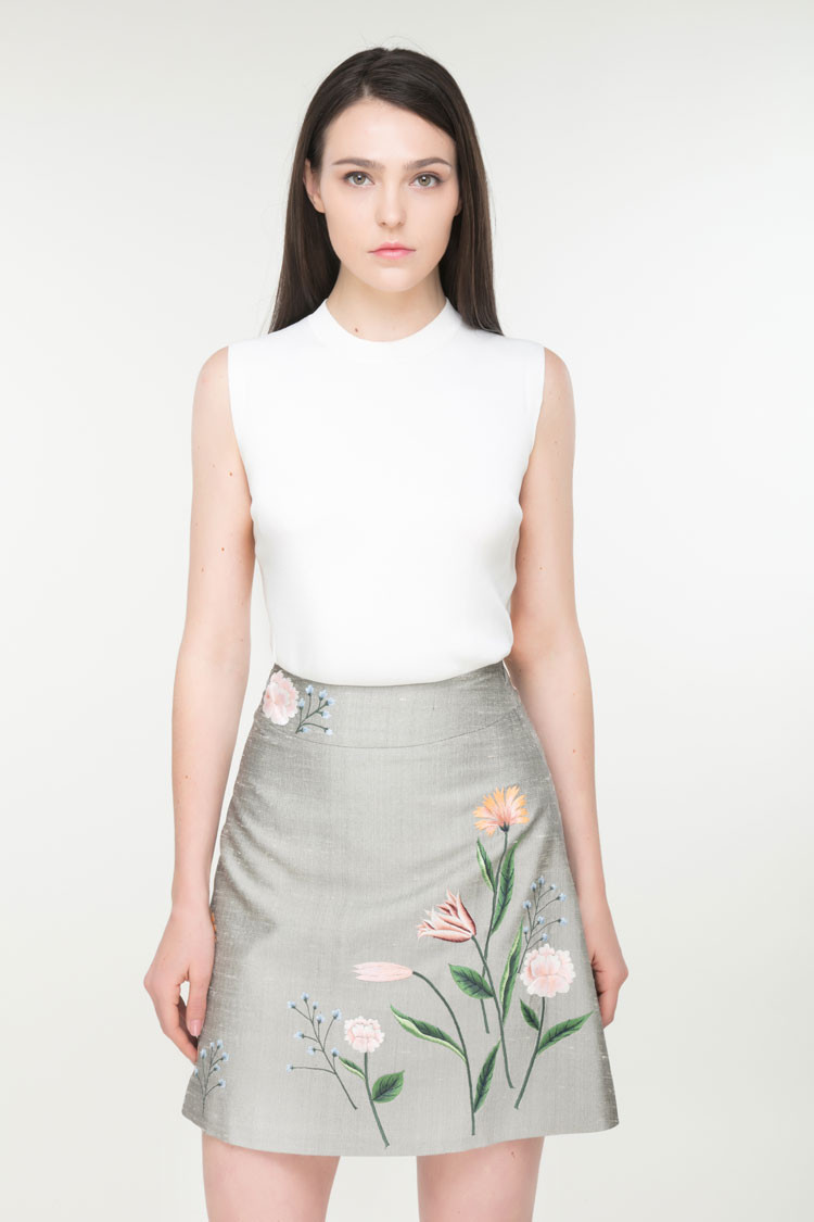 womenwear】bifu by xingchen/彼伏 灰色柞蚕丝刺绣a摆女士半身裙