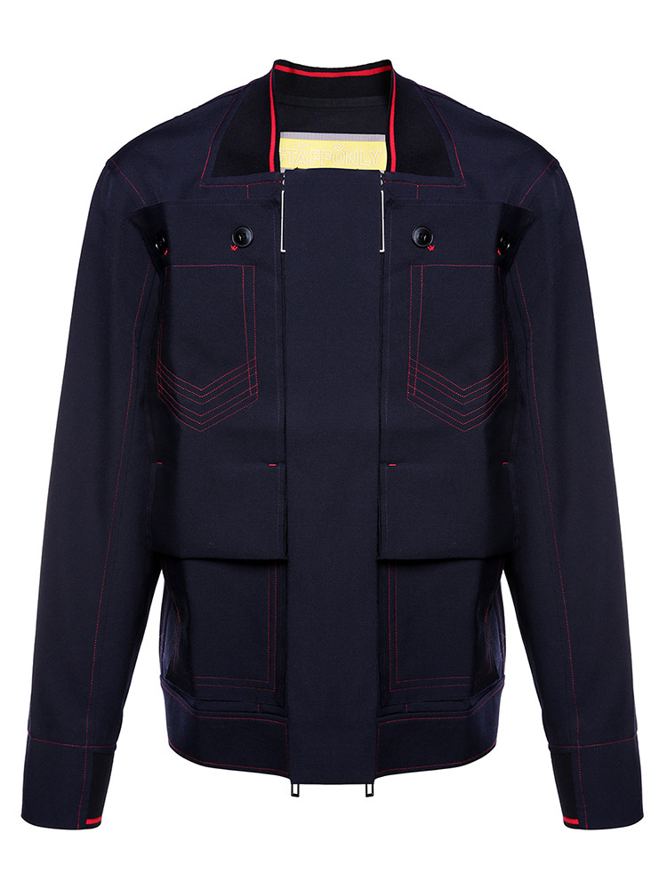 staff only/staff only 休闲牛仔棒球夹克蓝色连帽长袖拉链男士夹克