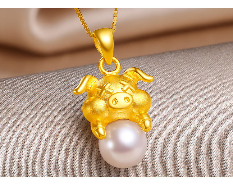 生肖本命年礼物8-9mm日本akoya珍珠3d硬金吊坠-智慧猪