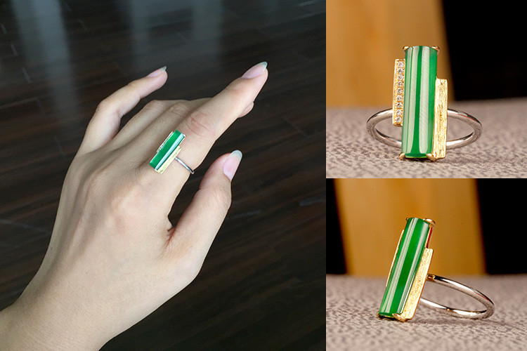 女士18k金镶嵌翡翠戒指 满绿高冰 长柱型 设计款