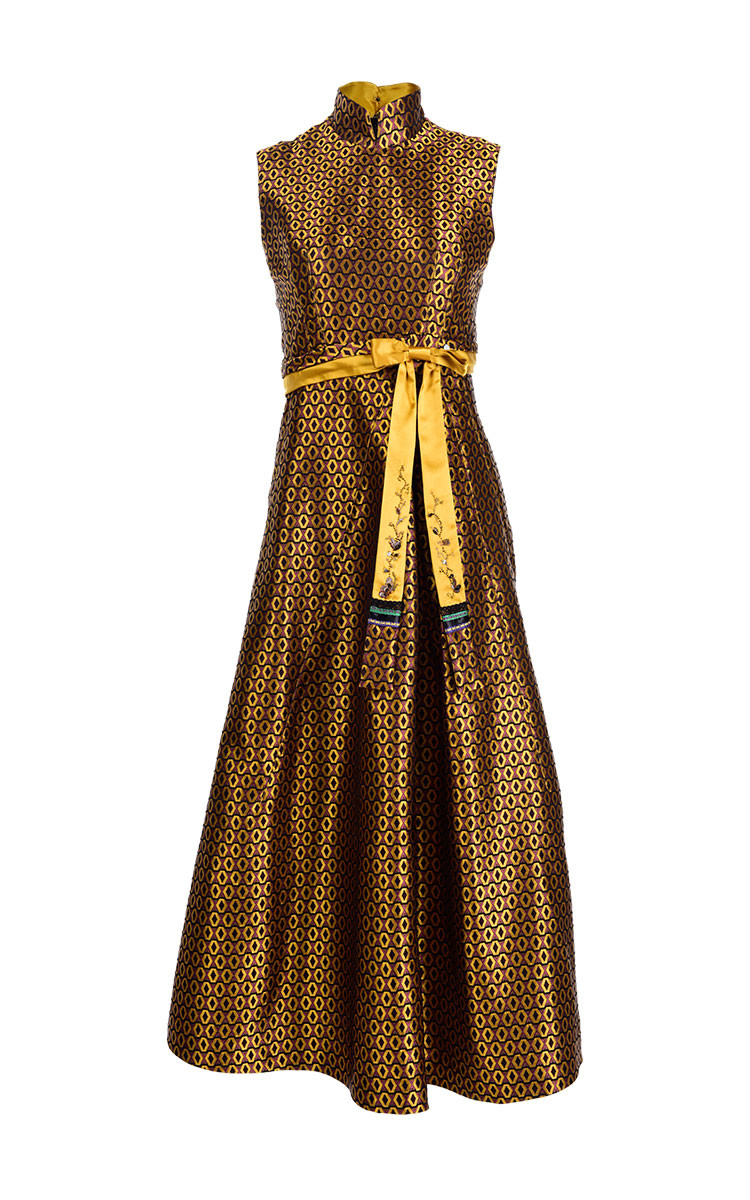 shiatzy chen/夏姿陈 窗棂光影系列立领缇花长款女士连衣裙