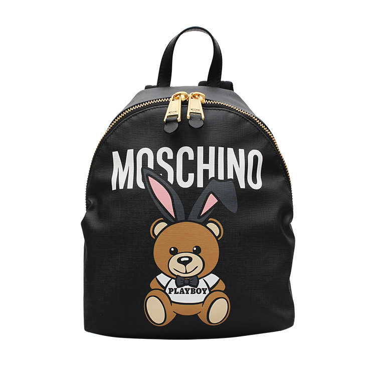 moschino/莫斯奇諾 牛皮革材質 黑色/粉色 兔耳朵小熊 女士雙肩揹包