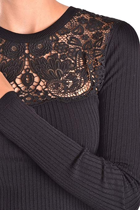 red valentino/red valentino 女士黑色蕾丝镂空长袖圆领针织衫 卫衣