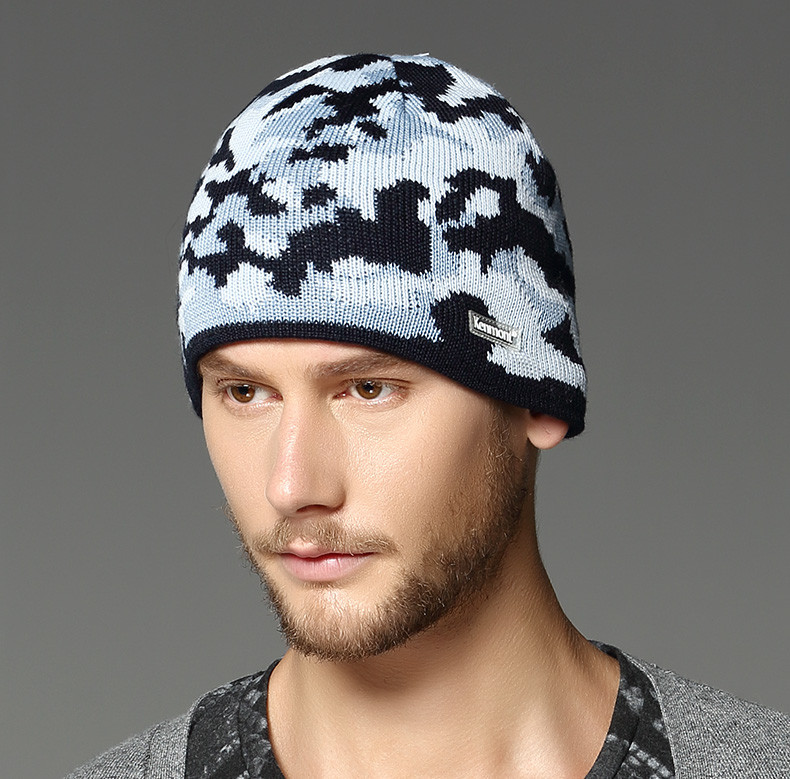 冬季帽子男士双层套头帽滑雪帽秋冬保暖毛线帽迷彩针织帽