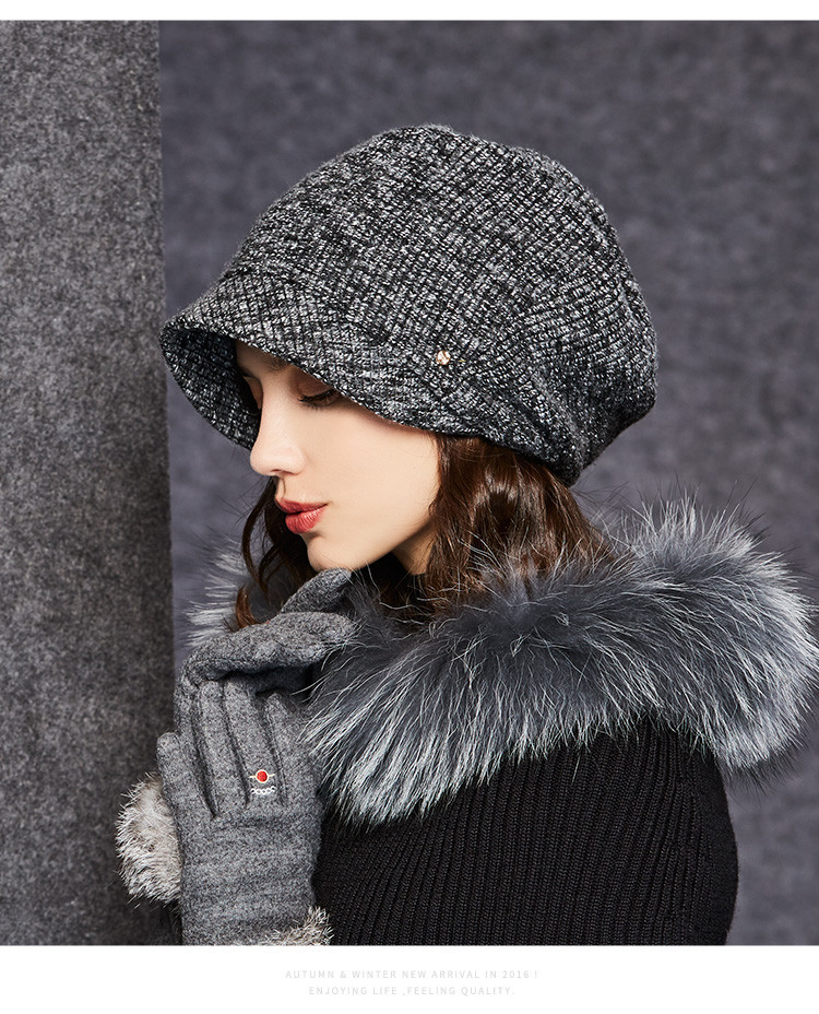女士秋冬季保暖韩版加绒贝雷帽百搭针织后托堆堆帽子
