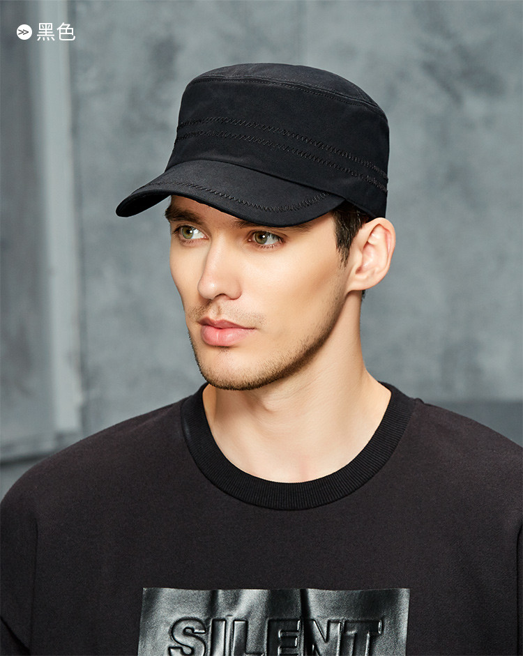 黑色平顶帽男青年春秋户外短檐鸭舌帽爸爸帽子冬季全棉军帽