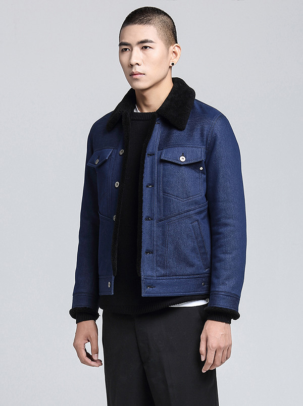 randomgrade/randomgrade男士夹克牛仔机车羊羔毛翻领短款棉衣外套