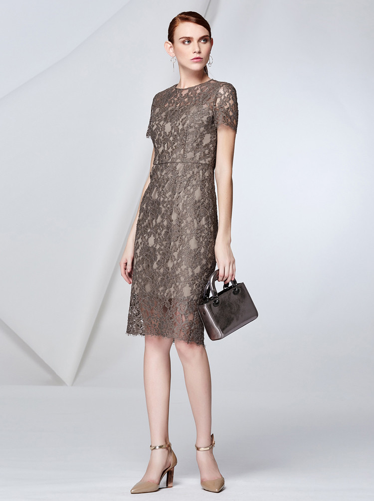 歌力思 气质摩卡棕色 立体挺括 奢华蕾丝女士连衣裙 f172y057【正 