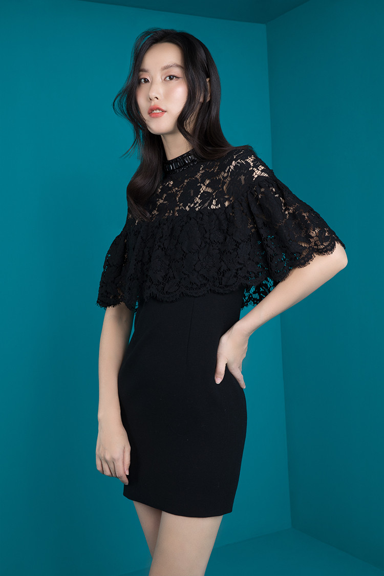 tracy chu/tracy chu女士连衣裙法国蕾丝拼羊毛修身淑女黑色连衣短裙