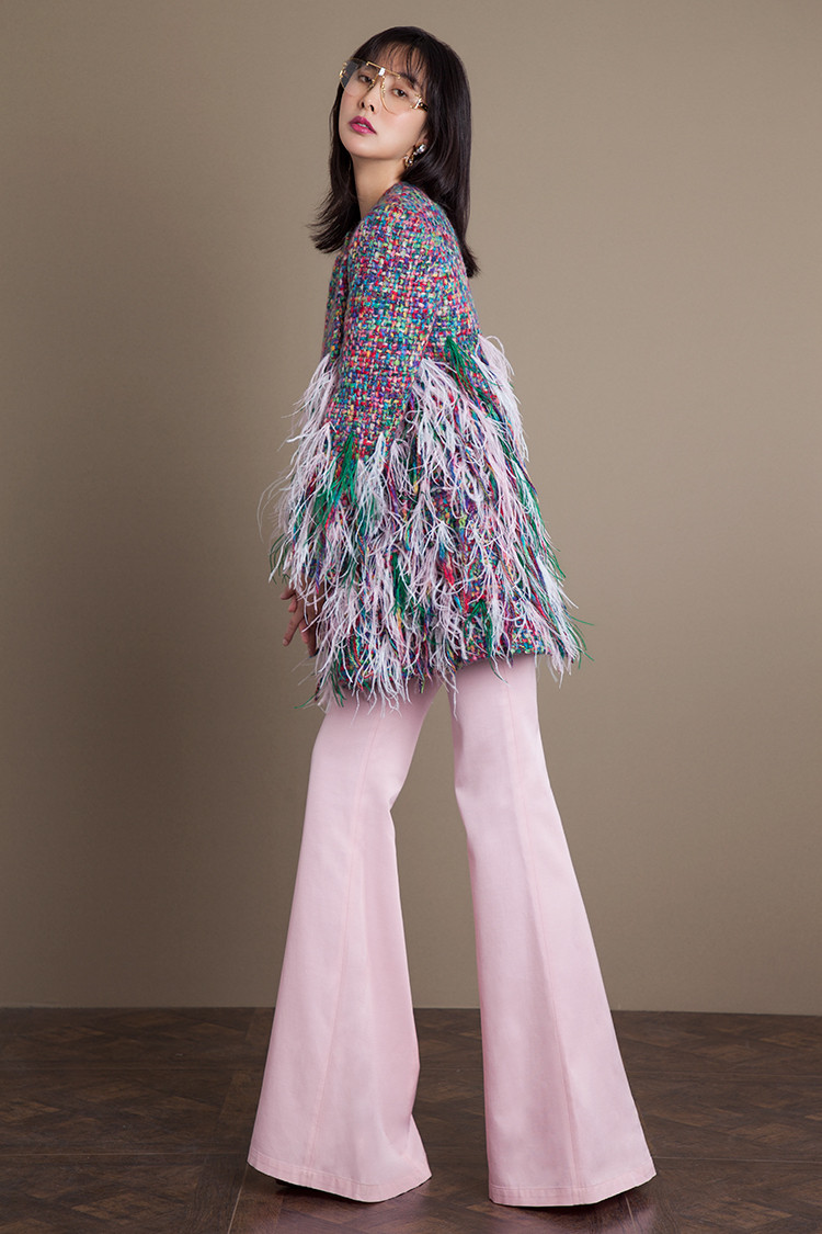 tracy chu/tracy chu 石闻明星同款 秋冬新款订制羽毛长款彩色大衣