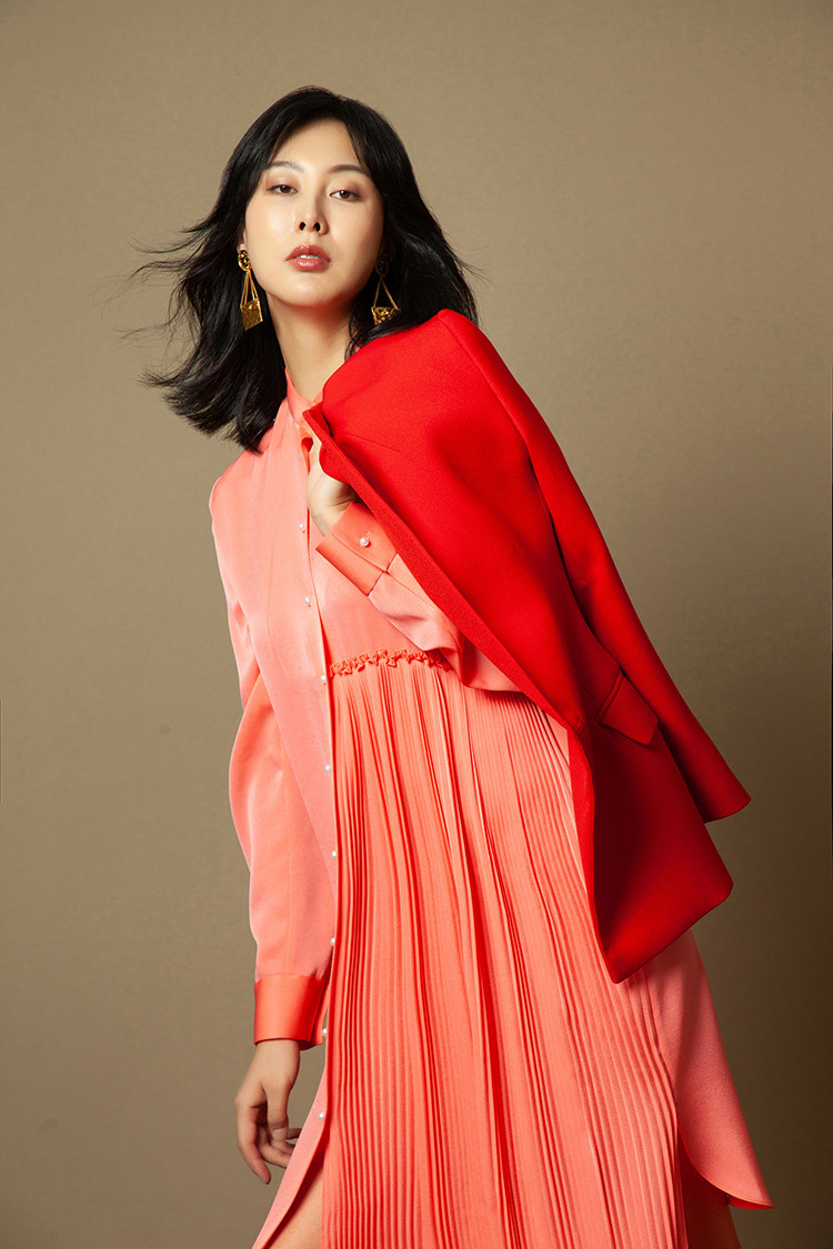 tracy chu/tracy chu朱熙越原创设计定制新款秋冬蜜桃色不对称褶皱