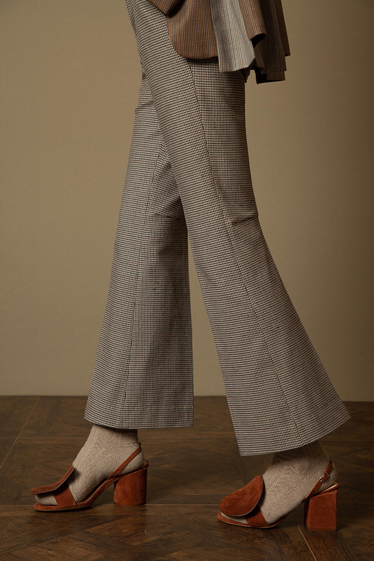 tracy chu/tracy chu朱熙越设计师定制原创新款驼色千鸟格微喇立裁九