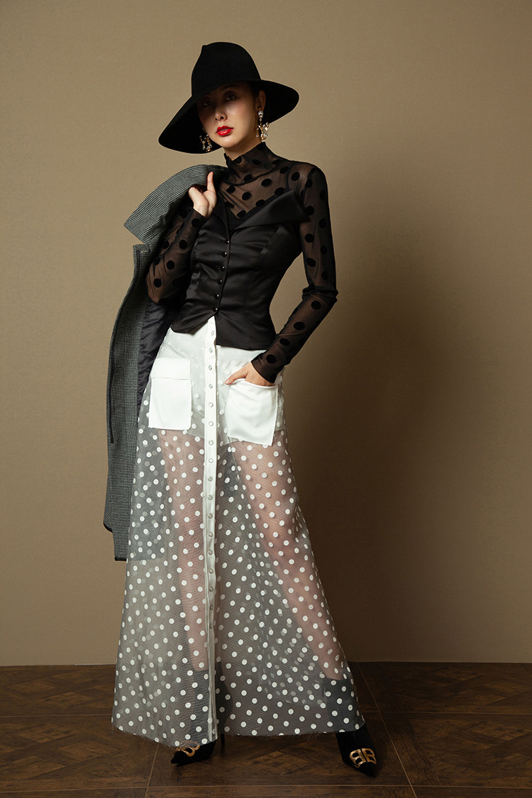 tracy chu/tracy chu朱熙越设计师原创定制新款黑色透视弹力波点两件