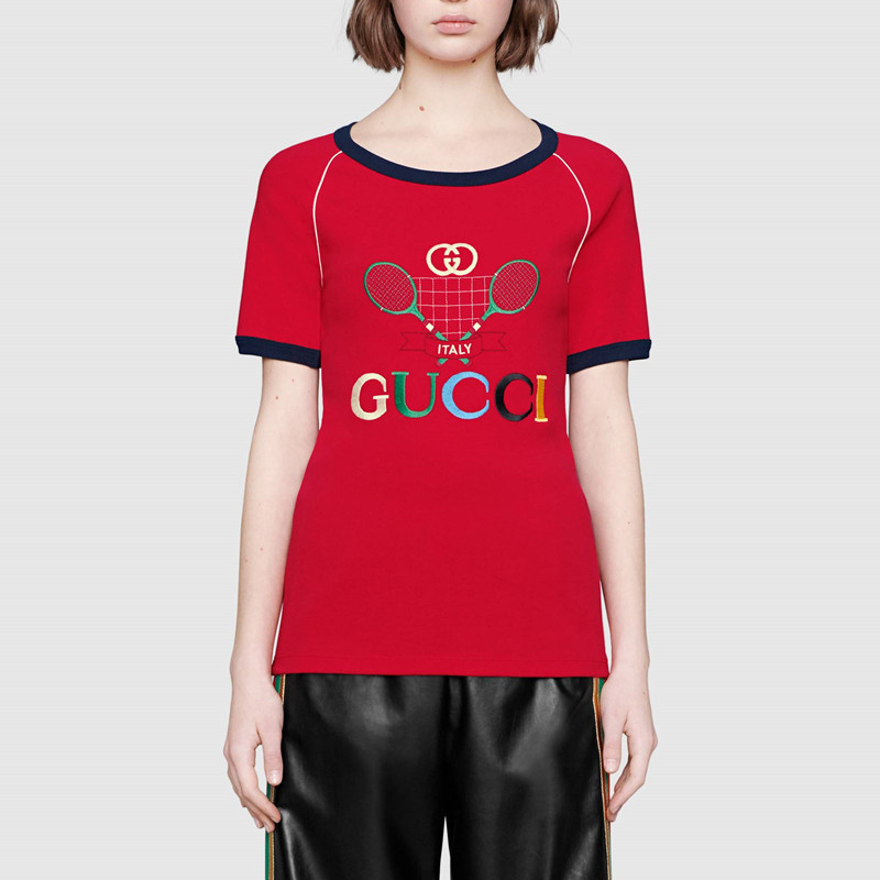 gucci/古驰 19春夏女士新款gucci网球红色螺纹短袖t恤 574386 xja8y