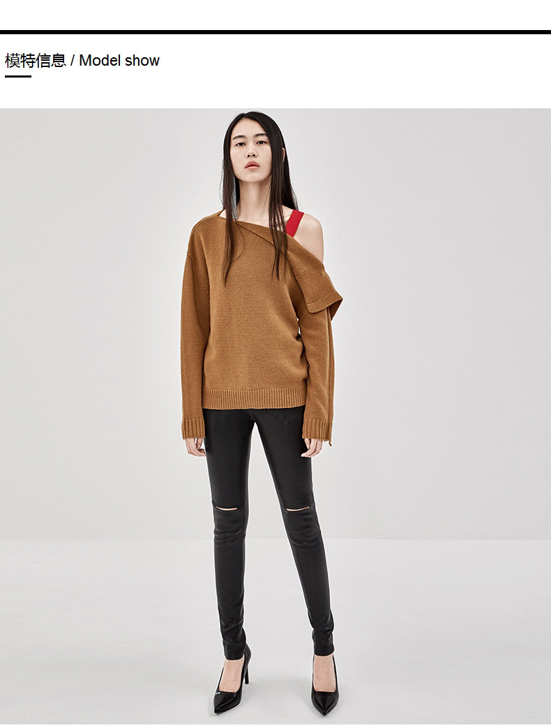 摩安珂女士针织衫/毛衣moco2018秋季新品单肩带斜露肩一字领毛衣ma